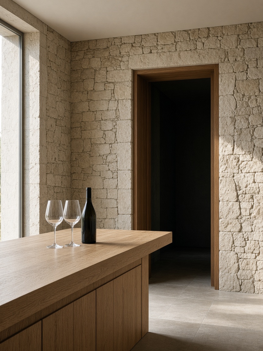 A tasting room with limestone walls, an oak counter, and a dark doorway.